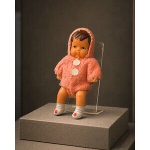 Vtg Shackman N.Y. Miniature 2.75” Baby Doll Pink Hooded Coat Hong Kong w/Sticker